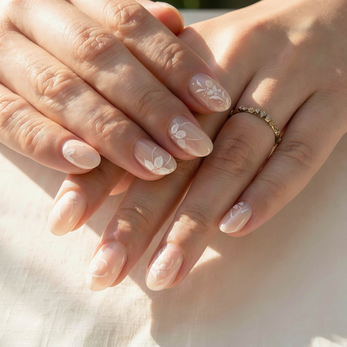 Soft nude nails with delicate white botanical line art